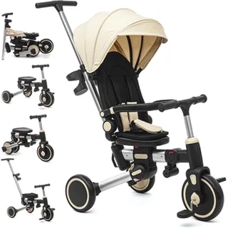 XJD 9-in-1 Foldable Rotating Tricycle Stroller Beige
