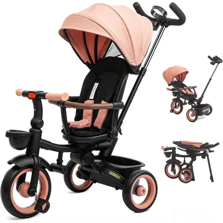 XJD 7-in-1 Rotating Tricycle Stroller Pink