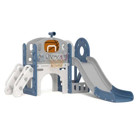 XJD 8-in-1 Kids Slide with Climber with Basketball Hoop Blue Grey
