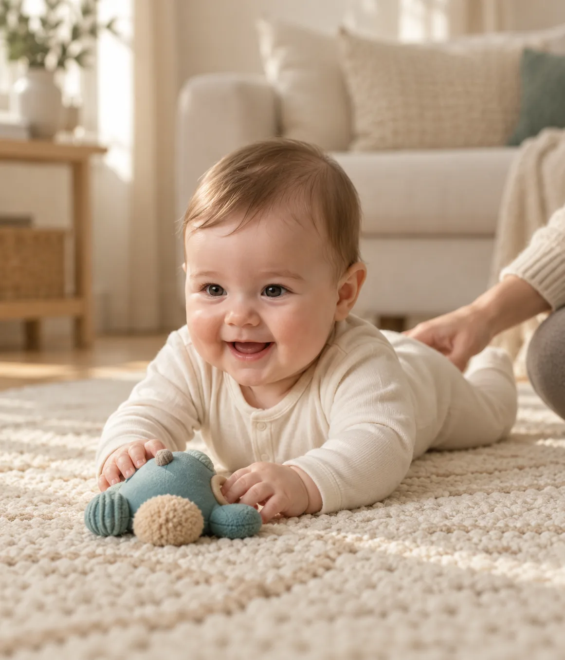 A baby exploring at home