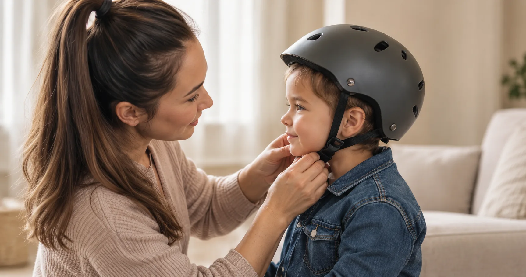 A parent helping a child adjust a helmet