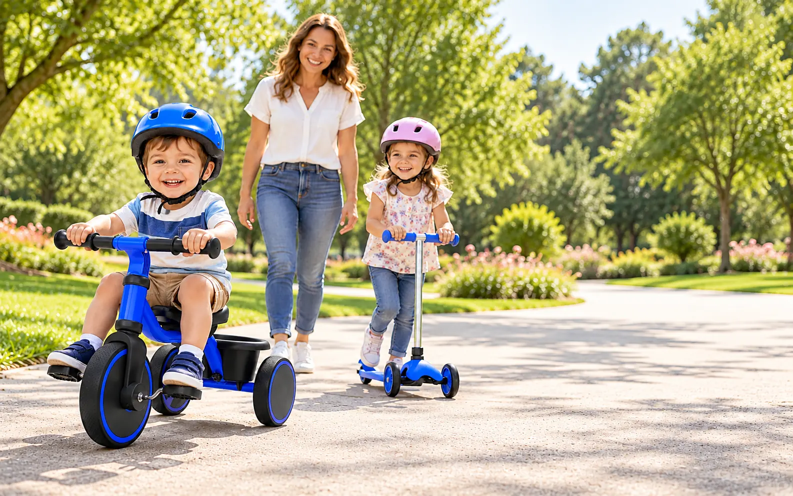 Helmeted children riding a tricycle and scooter with a parent on a sunny park path