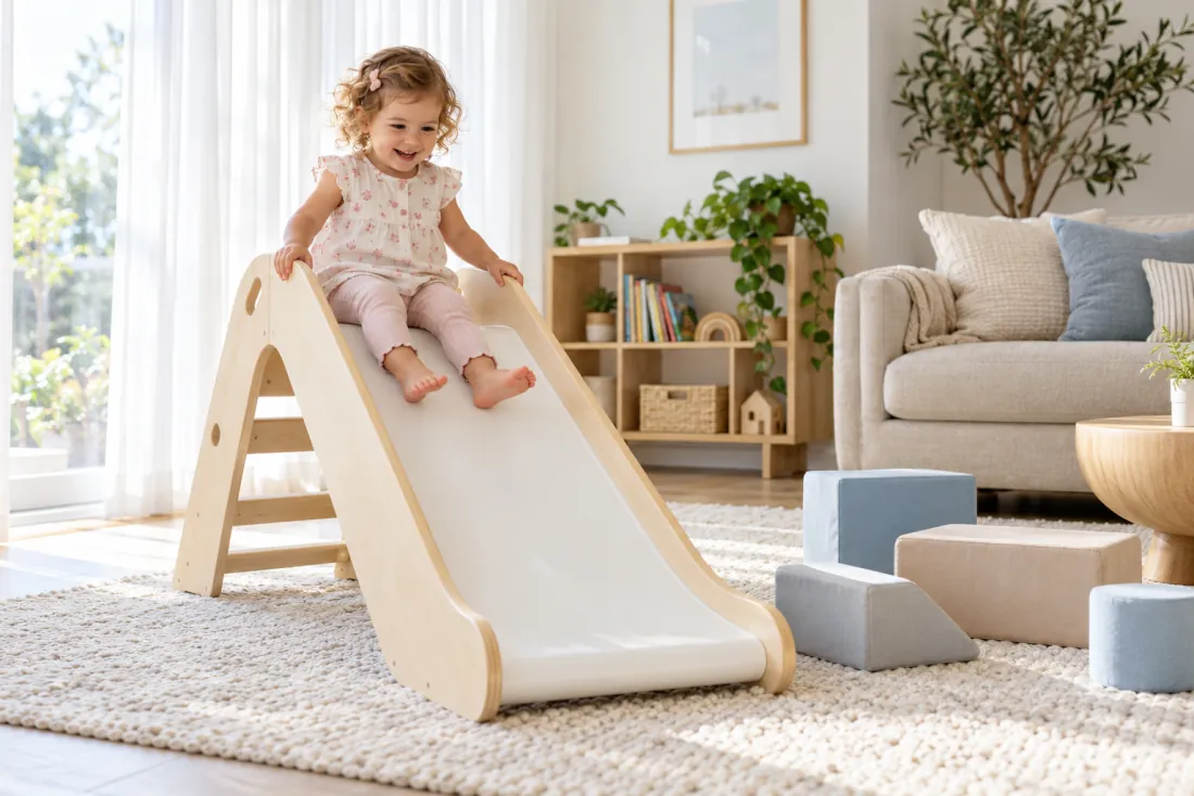 A toddler discovering a slide and soft play blocks at home