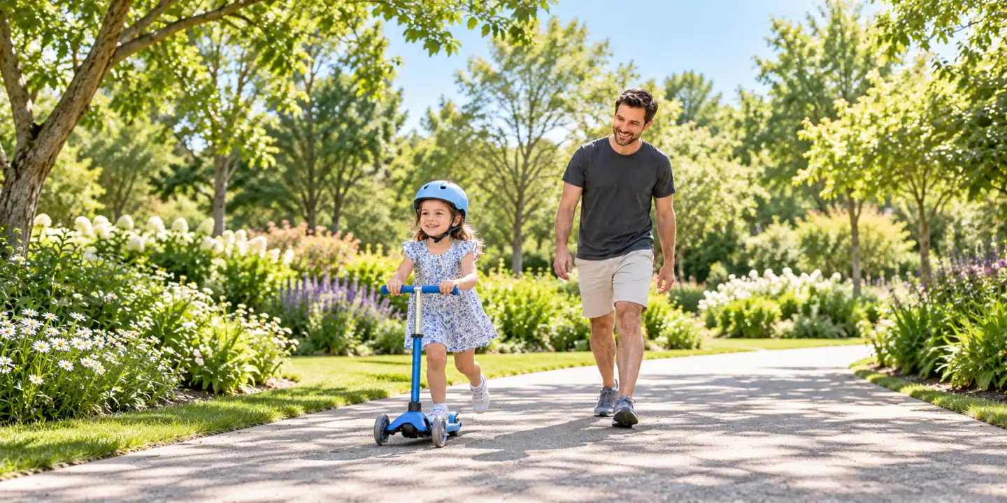 A helmeted child riding a scooter with a parent on a garden path