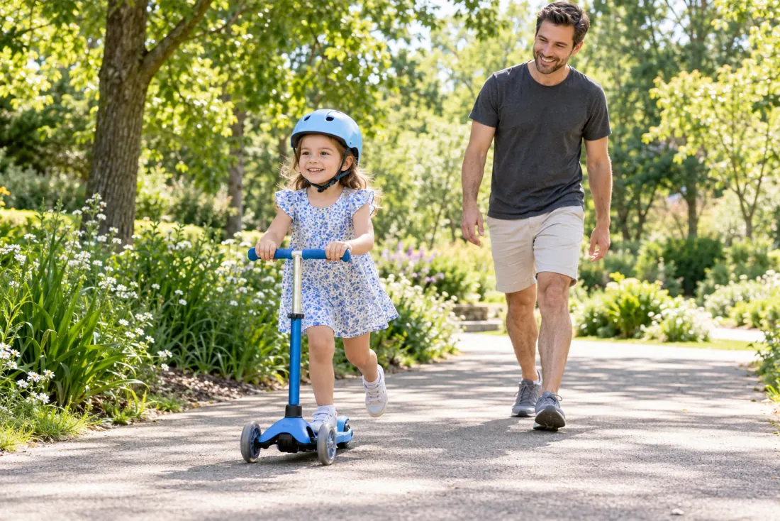 A helmeted scooter rider with a parent