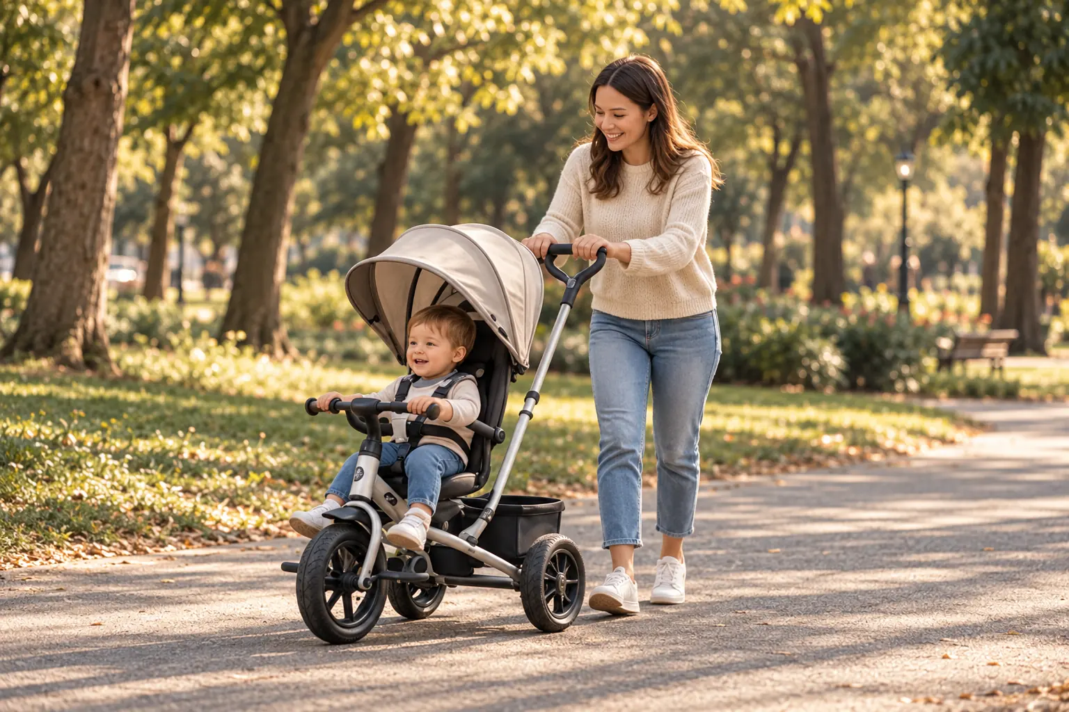 A parent sharing a first ride with a toddler