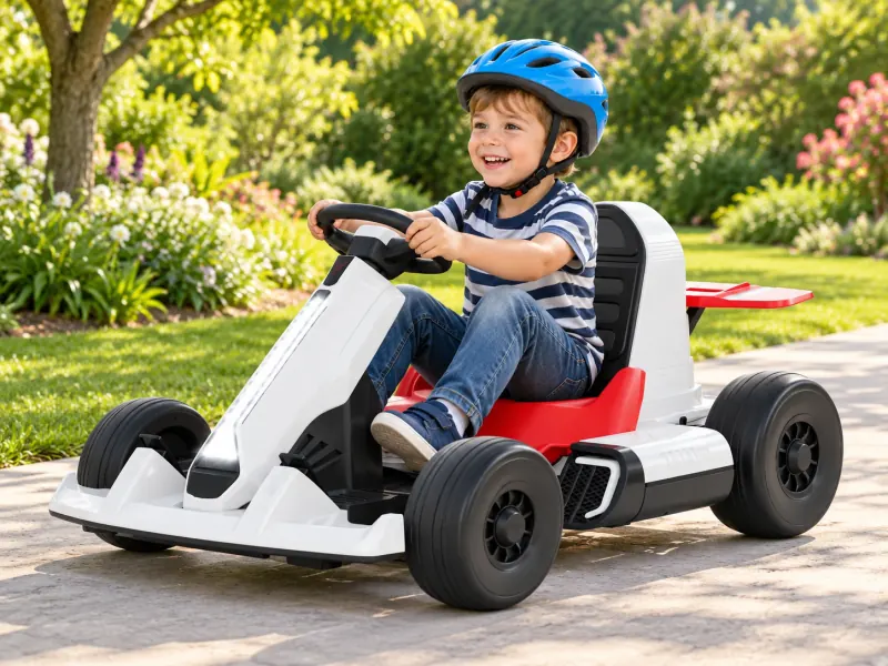 A helmeted child driving a white electric go-kart