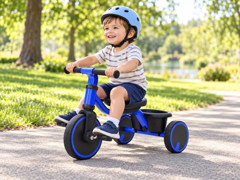 A helmeted child enjoying a first bike ride