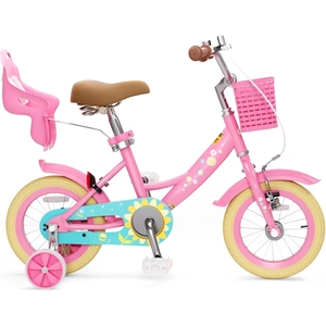 XJD Girls Bike for Toddlers 3-9 Years Old Kids, 12 14 16 Inch Kids Bike with Training Wheels, Streamers, Basket and Doll Seat