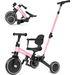 XJD Toddler Bike, 6 in 1 Folding Toddler Tricycle for 1-4 Year Old with Parental Control Handle, Balance Bike with Removable Pedal, Backrest, Adjustable Seat Height, First Birthday Gifts (Pink)