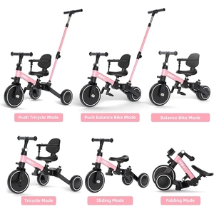 XJD Toddler Bike, 6 in 1 Folding Toddler Tricycle for 1-4 Year Old with Parental Control Handle, Balance Bike with Removable Pedal, Backrest, Adjustable Seat Height, First Birthday Gifts (Pink)