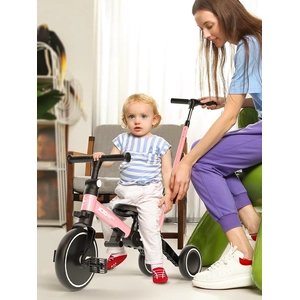 XJD Toddler Bike, 6 in 1 Folding Toddler Tricycle for 1-4 Year Old with Parental Control Handle, Balance Bike with Removable Pedal, Backrest, Adjustable Seat Height, First Birthday Gifts (Pink)
