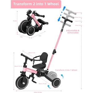XJD Toddler Bike, 6 in 1 Folding Toddler Tricycle for 1-4 Year Old with Parental Control Handle, Balance Bike with Removable Pedal, Backrest, Adjustable Seat Height, First Birthday Gifts (Pink)
