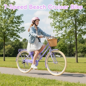 XJD 20 24 26 Inch Girls Bike, 7-Speed Beach Cruiser Bike for Girls Youth and Over 6 Years Old, Kids Bicycles with Dual V-Brakes Rear Rack & Wicker Basket