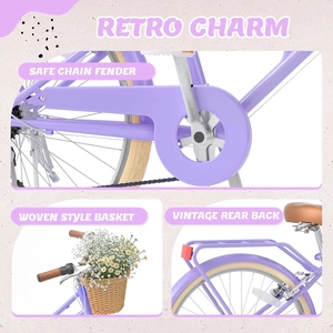 XJD 20 24 26 Inch Girls Bike, 7-Speed Beach Cruiser Bike for Girls Youth and Over 6 Years Old, Kids Bicycles with Dual V-Brakes Rear Rack & Wicker Basket