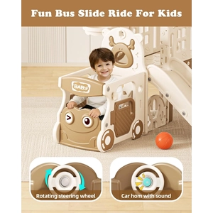 XJD 10 in 1 Toddler Slide, Kids Slide for Toddlers 1-3, Toddler Play Climber Slide Playset with Basketball Hoop and Ball,Toddlers Outdoor Indoor Playground (Brown, Large)