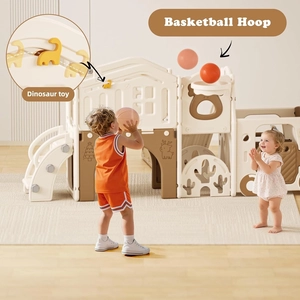 XJD 10 in 1 Toddler Slide, Kids Slide for Toddlers 1-3, Toddler Play Climber Slide Playset with Basketball Hoop and Ball,Toddlers Outdoor Indoor Playground (Brown, Large)
