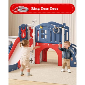 XJD 10 in 1 Toddler Slide, Kids Slide for Toddlers 1-3, Toddler Play Climber Slide Playset with Basketball Hoop and Ball,Toddlers Outdoor Indoor Playground (Blue Red, Large)