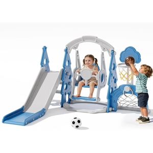 XJD 6-in-1 Toddler Slide and Swing Set, Kids Slide for Toddlers Age 1+, Toddler Outdoor Playset with Basketball Hoop (Blue)