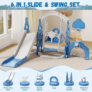 XJD 6-in-1 Toddler Slide and Swing Set, Kids Slide for Toddlers Age 1+, Toddler Outdoor Playset with Basketball Hoop (Blue)