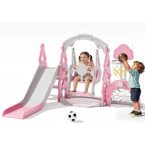 XJD 6-in-1 Toddler Slide and Swing Set, Kids Slide for Toddlers Age 1+, Toddler Outdoor Playset with Basketball Hoop (Pink)