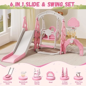 XJD 6-in-1 Toddler Slide and Swing Set, Kids Slide for Toddlers Age 1+, Toddler Outdoor Playset with Basketball Hoop (Pink)