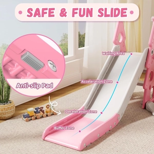 XJD 6-in-1 Toddler Slide and Swing Set, Kids Slide for Toddlers Age 1+, Toddler Outdoor Playset with Basketball Hoop (Pink)