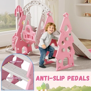 XJD 6-in-1 Toddler Slide and Swing Set, Kids Slide for Toddlers Age 1+, Toddler Outdoor Playset with Basketball Hoop (Pink)