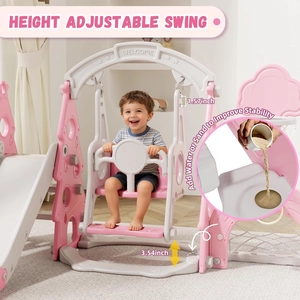 XJD 6-in-1 Toddler Slide and Swing Set, Kids Slide for Toddlers Age 1+, Toddler Outdoor Playset with Basketball Hoop (Pink)