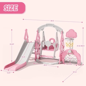 XJD 6-in-1 Toddler Slide and Swing Set, Kids Slide for Toddlers Age 1+, Toddler Outdoor Playset with Basketball Hoop (Pink)