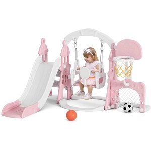 XJD 6-in-1 Toddler Slide and Swing Set, Kids Slide for Toddlers Age 1+, Toddler Outdoor Playset with Basketball Hoop, Football Frame, Swing, Outdoor Indoor Playground for Toddlers 1-3 (Pink)