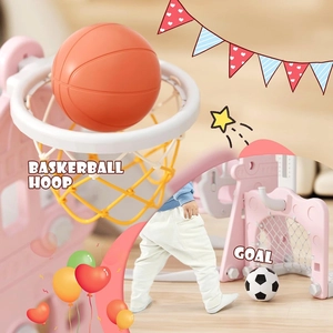 XJD 6-in-1 Toddler Slide and Swing Set, Kids Slide for Toddlers Age 1+, Toddler Outdoor Playset with Basketball Hoop, Football Frame, Swing, Outdoor Indoor Playground for Toddlers 1-3 (Pink)