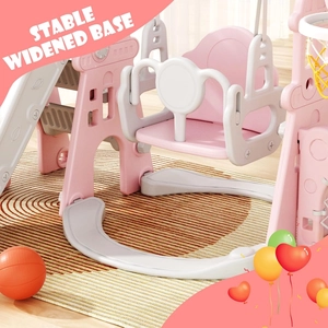 XJD 6-in-1 Toddler Slide and Swing Set, Kids Slide for Toddlers Age 1+, Toddler Outdoor Playset with Basketball Hoop, Football Frame, Swing, Outdoor Indoor Playground for Toddlers 1-3 (Pink)
