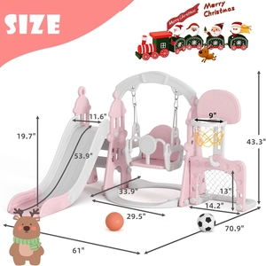 XJD 6-in-1 Toddler Slide and Swing Set, Kids Slide for Toddlers Age 1+, Toddler Outdoor Playset with Basketball Hoop, Football Frame, Swing, Outdoor Indoor Playground for Toddlers 1-3 (Pink)