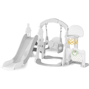 XJD 6-in-1 Toddler Slide and Swing Set, Kids Slide for Toddlers Age 1+, Toddler Outdoor Playset with Basketball Hoop, Swing, Outdoor Indoor Playground for Toddlers 1-3 (Beige)