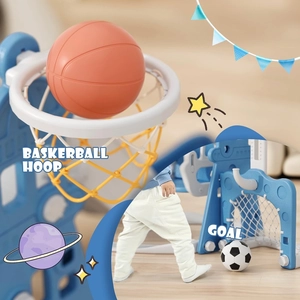 XJD 6-in-1 Toddler Slide and Swing Set, Kids Slide for Toddlers Age 1+, Toddler Outdoor Playset with Basketball Hoop, Football Frame, Swing, Outdoor Indoor Playground for Toddlers 1-3 (Blue)