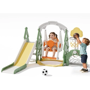 XJD 6-in-1 Toddler Slide and Swing Set, Kids Slide for Toddlers Age 1+, Toddler Outdoor Playset with Basketball Hoop (Green)