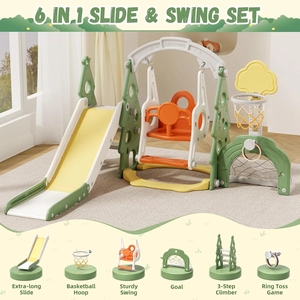 XJD 6-in-1 Toddler Slide and Swing Set, Kids Slide for Toddlers Age 1+, Toddler Outdoor Playset with Basketball Hoop (Green)