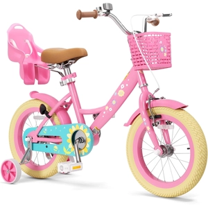 XJD Girls Bike for Toddlers 3-9 Years Old Kids, 12 14 16 Inch Kids Bike with Training Wheels, Streamers, Basket and Doll Seat