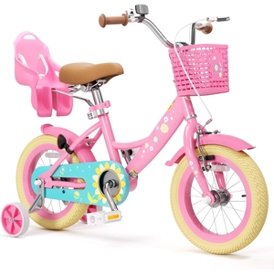 XJD Girls Bike for Toddlers 3-9 Years Old Kids, 12 14 16 Inch Kids Bike with Training Wheels, Streamers, Basket and Doll Seat