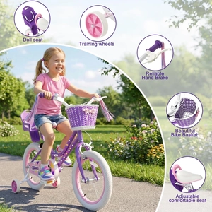 XJD Girls Bike for Toddlers 3-9 Years Old Kids, 12 14 16 Inch Kids Bike with Training Wheels, Streamers, Basket and Doll Seat