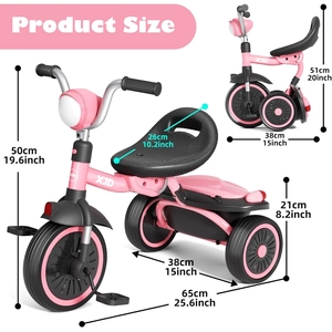 XJD Toddler Tricycle, Foldable Toddler Bike with Pedals, Tricycle for 2-5 Year Olds, Adjustable Comfortable Seat, Christmas Birthday Gifts for 1-5 Years Old Boys and Girls (Pink)