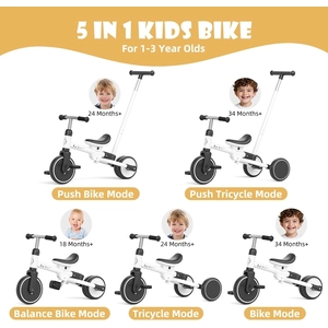 XJD Toddler Tricycle for 1-3 Year Olds, 5-in-1 Toddler Balance Bike, Adjustable Push Handle, Adjustable Seat & Removable Pedal, Birthday Gift Toy for Boys and Girls(White)