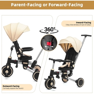 XJD 9-in-1 Foldable Tricycle Stroller for Toddler 1-5 Years Old, Balance Bike, with 360° Rotating Seat, 135° Recline, Adjustable Push Handle, UV50+ Canopy, Aluminum Frame, Gift for Boys & Girls(Beige)