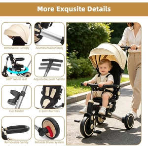 XJD 9-in-1 Foldable Tricycle Stroller for Toddler 1-5 Years Old, Balance Bike, with 360° Rotating Seat, 135° Recline, Adjustable Push Handle, UV50+ Canopy, Aluminum Frame, Gift for Boys & Girls(Beige)