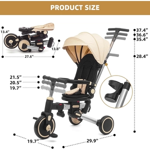 XJD 9-in-1 Foldable Tricycle Stroller for Toddler 1-5 Years Old, Balance Bike, with 360° Rotating Seat, 135° Recline, Adjustable Push Handle, UV50+ Canopy, Aluminum Frame, Gift for Boys & Girls(Beige)