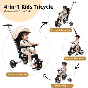 XJD 9-in-1 Foldable Tricycle Stroller for Toddler 1-5 Years Old, Balance Bike, with 360° Rotating Seat, 135° Recline, Adjustable Push Handle, UV50+ Canopy, Aluminum Frame, Gift for Boys & Girls(Beige)