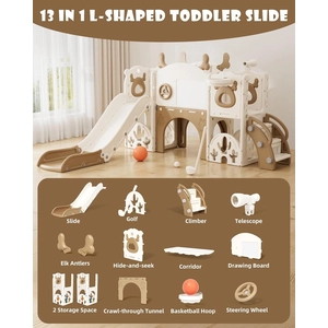 XJD Toddler Slide,13 in 1 Kids Slide for Toddlers, New Upgrade with Golf Set, Basketball Hoop, Drawing Board for Indoor Outdoor Playset,Toddler Playground (Brown)