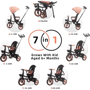 XJD 7‑in‑1 Tricycle Stroller, with Push Handle, Rotating Seat, UV‑Proof Canopy, Memory Cotton Cushion, Non‑Pneumatic Wheels, Headlights, Dual Brakes and Storage, Gift for Toddler 1‑5 Years Old(Pink)