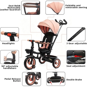 XJD 7‑in‑1 Tricycle Stroller, with Push Handle, Rotating Seat, UV‑Proof Canopy, Memory Cotton Cushion, Non‑Pneumatic Wheels, Headlights, Dual Brakes and Storage, Gift for Toddler 1‑5 Years Old(Pink)